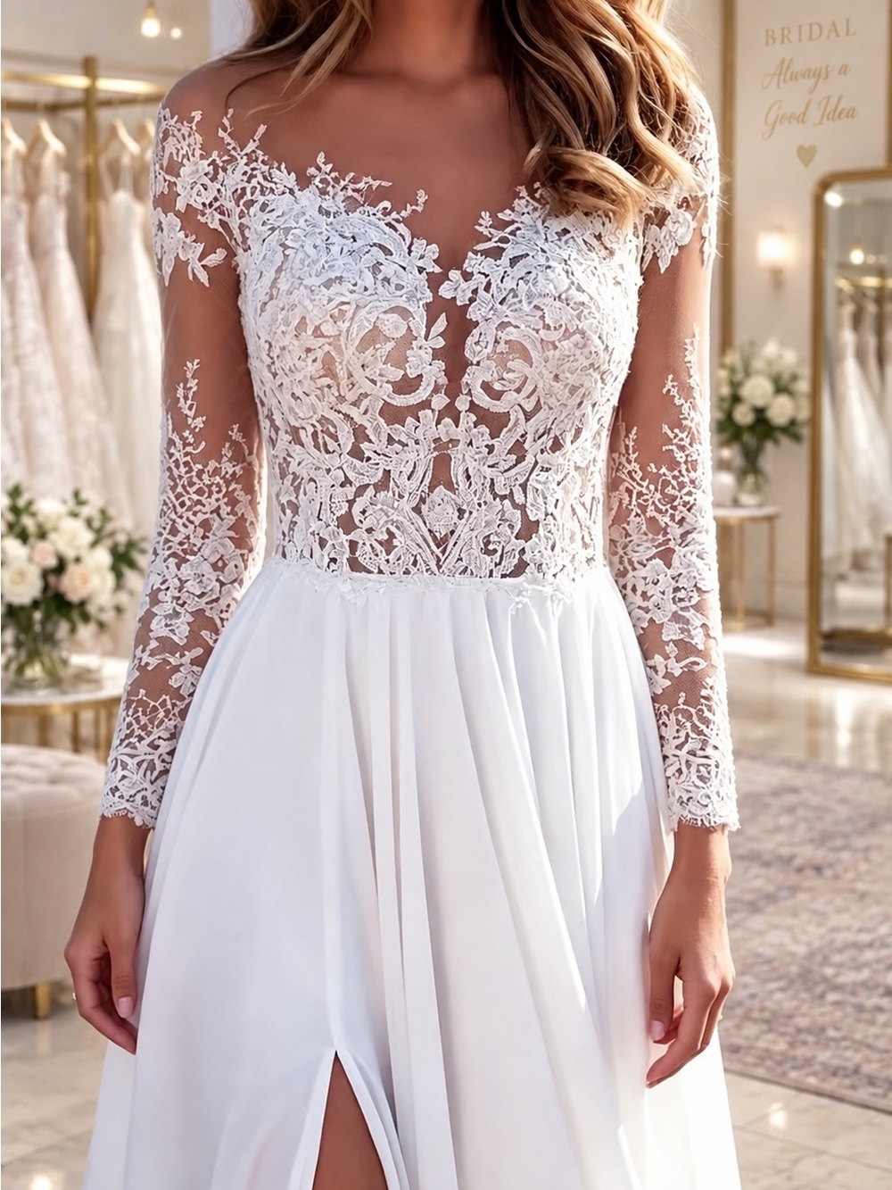 Elegant White Lace Long-Sleeve Wedding Dress NWT Size 8